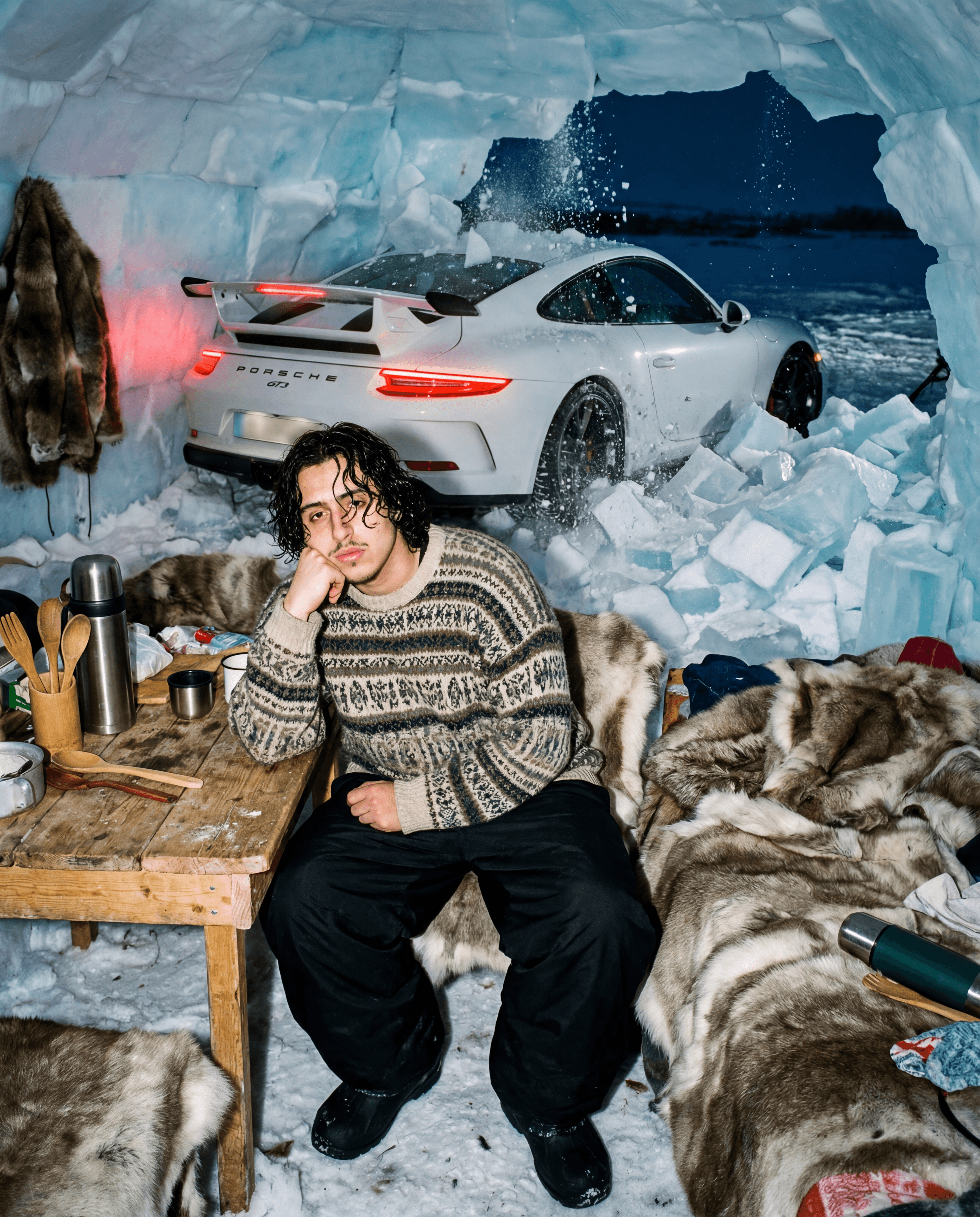 Nikita in igloo with Porsche GT3