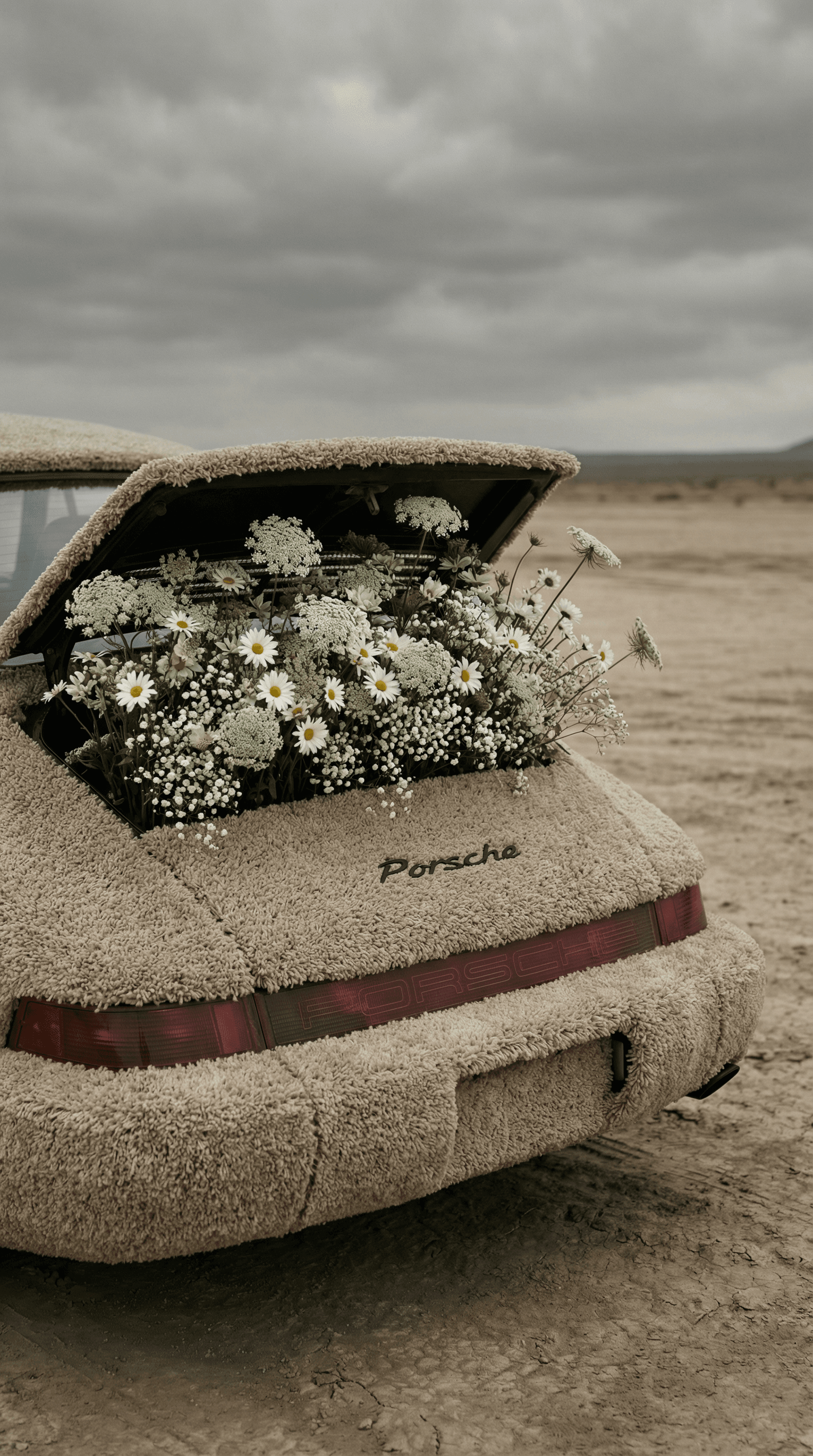 Porsche with wildflowers in trunk