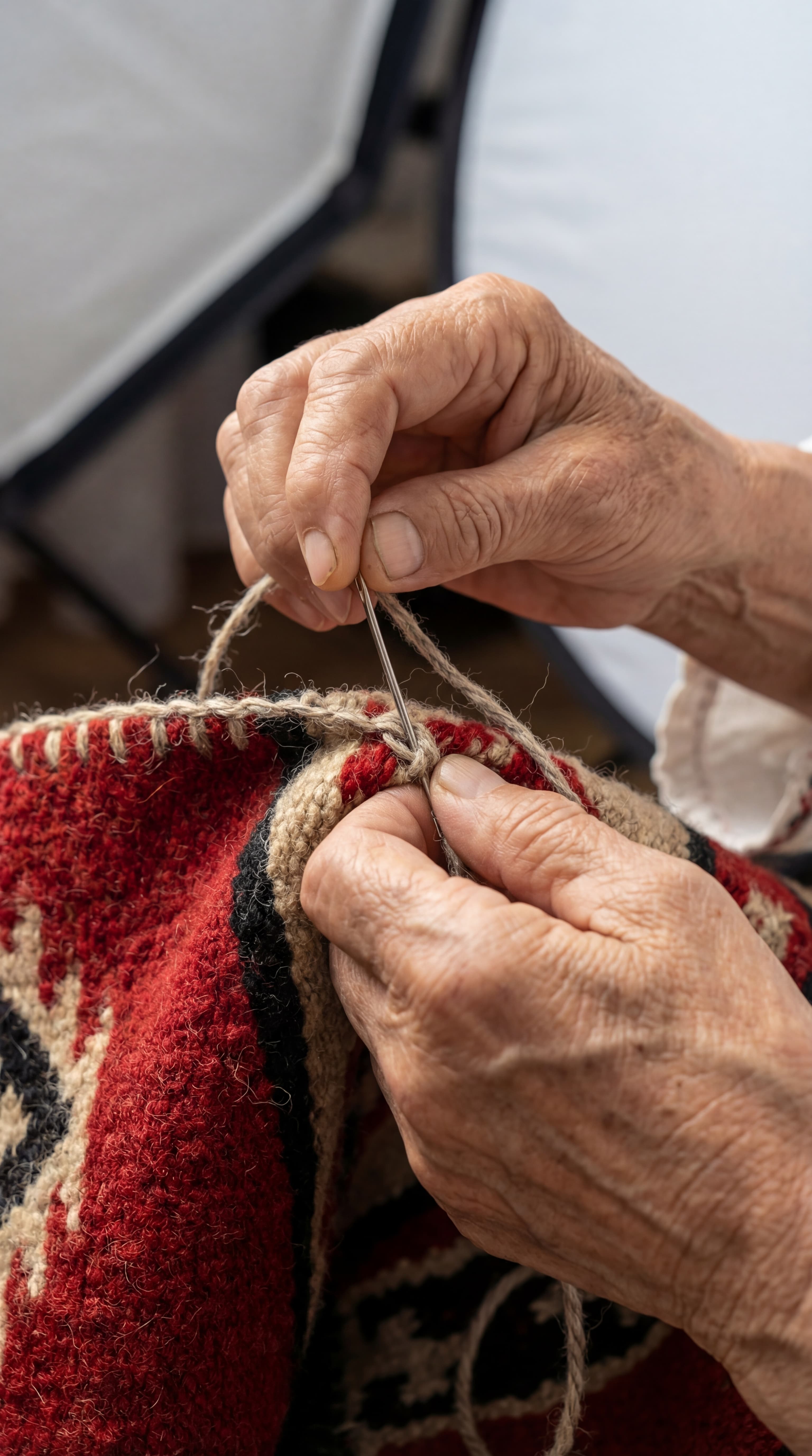 Hands sewing traditional Bulgarian carpet